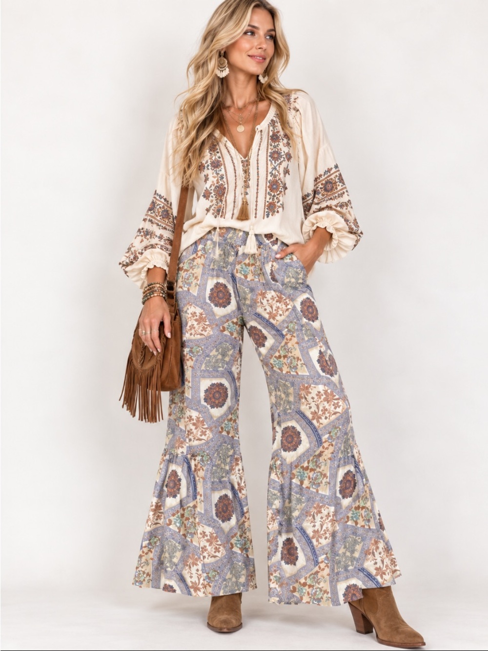 Easel Size Small Boho Patchwork Print Wide Leg Flare Pants